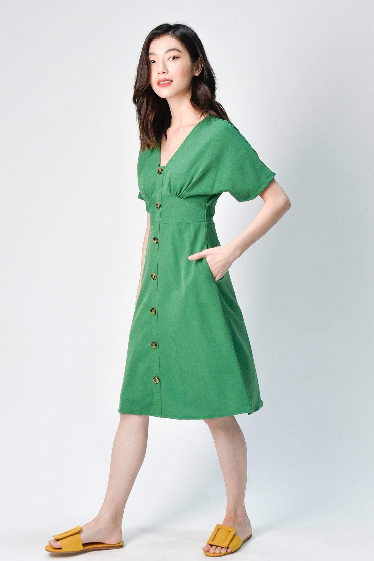 EDITA KELLY GREEN SLEEVED BUTTON MIDI ...